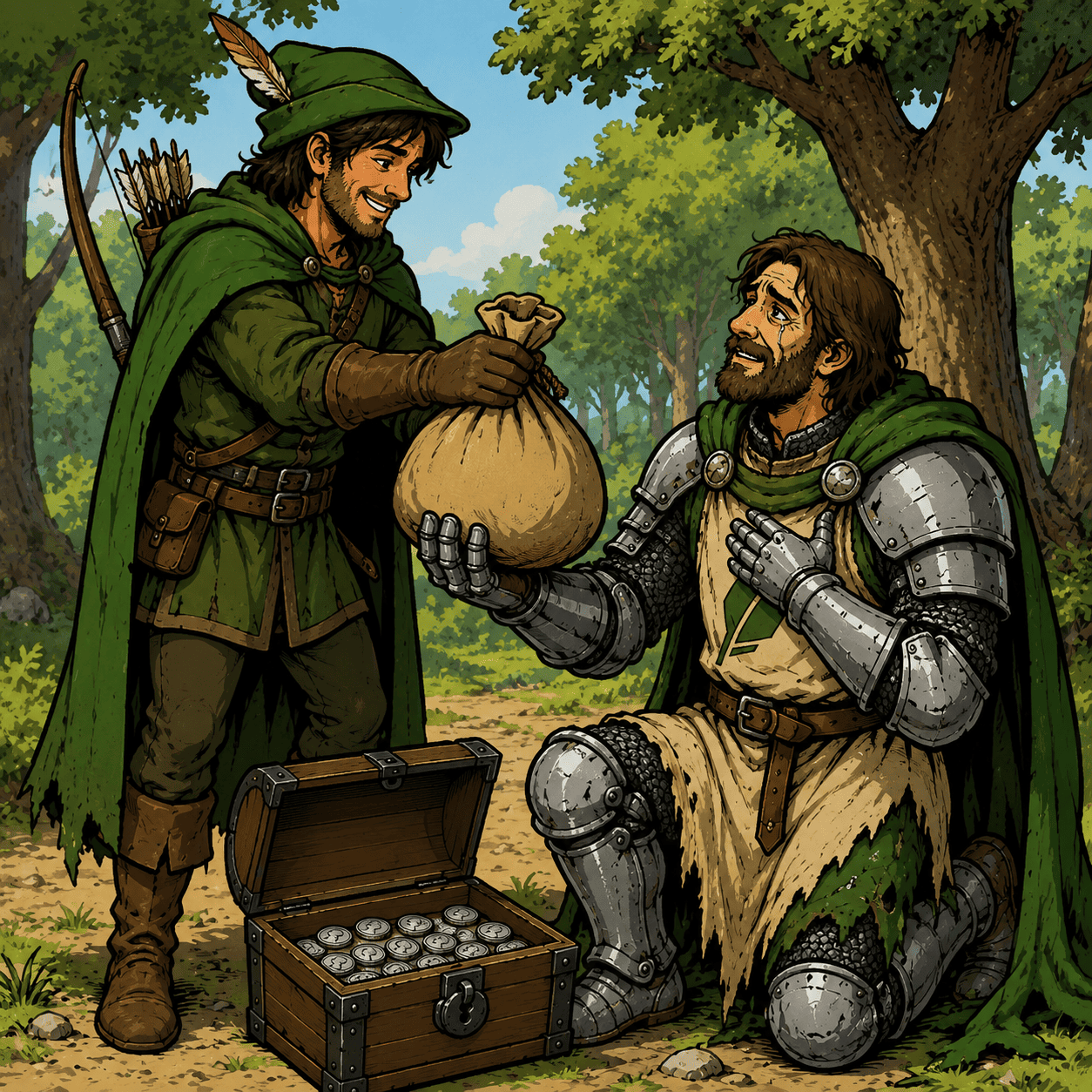 Robin Hood returning a bag of silver to the Sorrowful Knight in Barnsdale